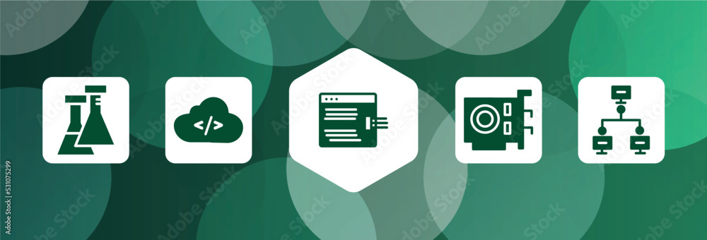 Poster computer filled icon set isolated on abstract background. glyph icons such as flasks, cloud coding, 