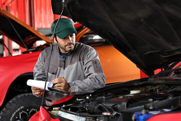 Fototapeta na wymiar Car mechanic working with a Service checking car engine