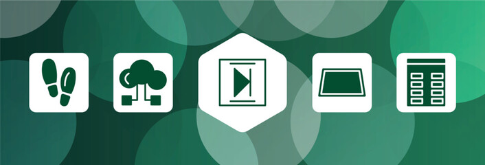 computer and media filled icon set isolated on abstract background. glyph icons such as footsteps, hosting download, media end, perspective of tool, spreadsheet column vector. can be used for web