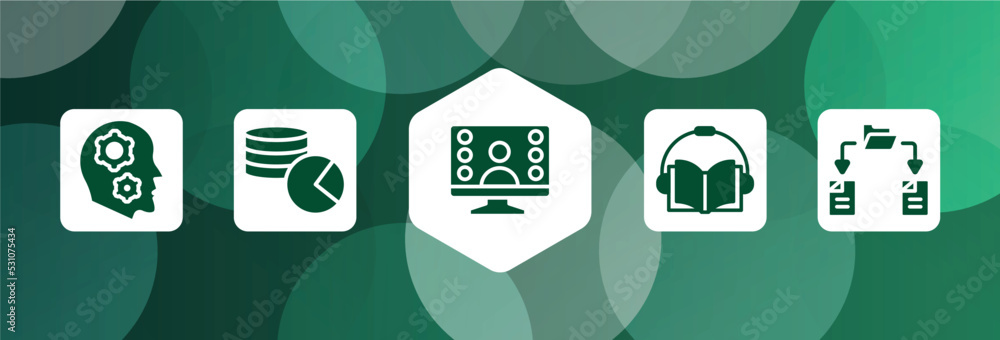 Poster data organization filled icon set isolated on abstract background. glyph icons such as thought, data
