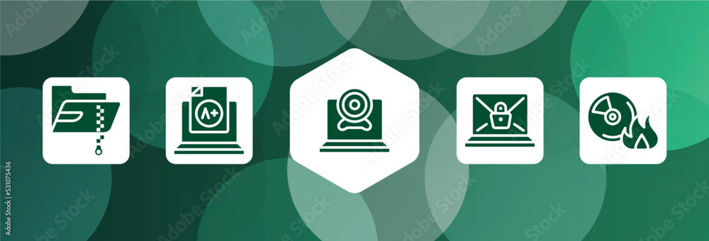 Poster it & components filled icon set isolated on abstract background. glyph icons such as compressed file