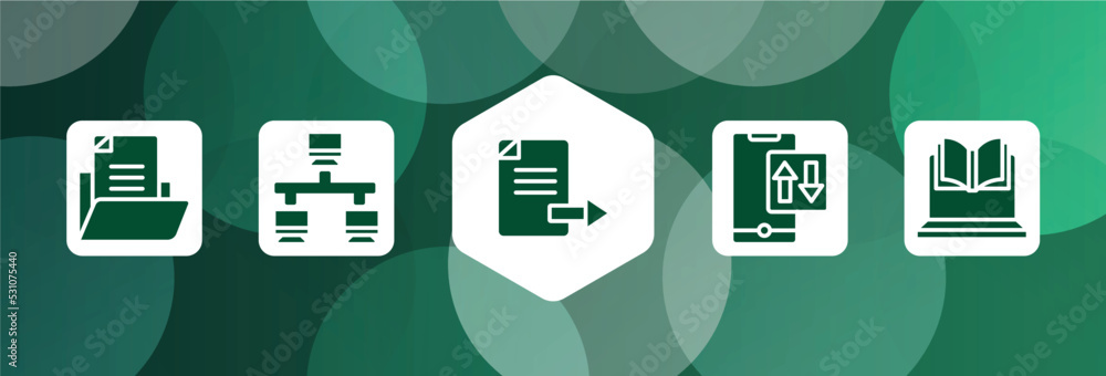 Poster online learning filled icon set isolated on abstract background. glyph icons such as document file, 