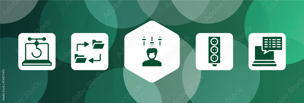 Poster computer and files filled icon set isolated on abstract background. glyph icons such as phishing, da