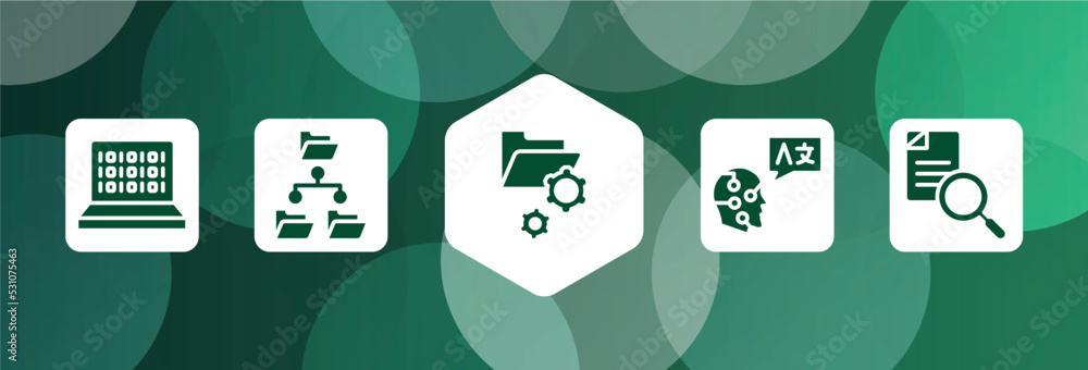 Poster data organization filled icon set isolated on abstract background. glyph icons such as binary code, 