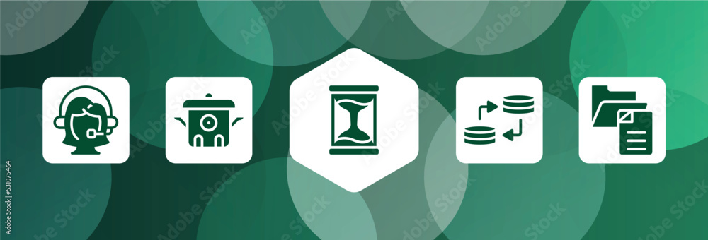 Poster data organization filled icon set isolated on abstract background. glyph icons such as assistant, co