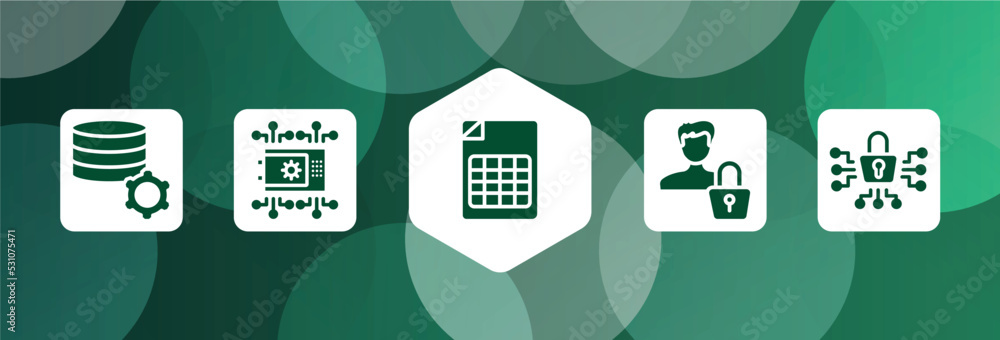 Poster computer functions filled icon set isolated on abstract background. glyph icons such as database man