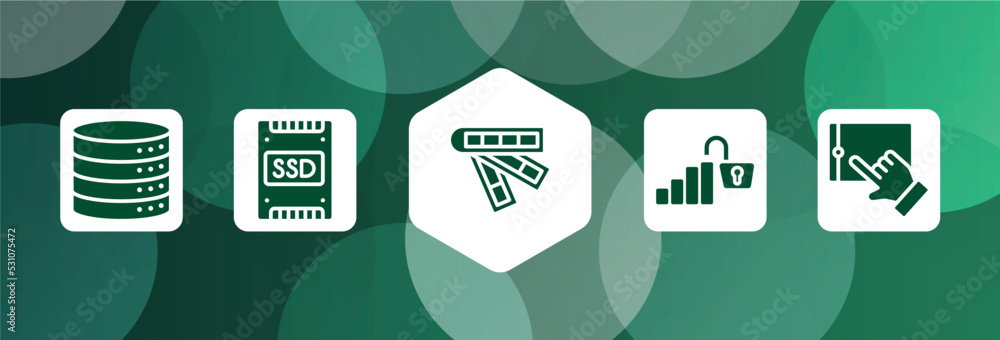 Poster computer functions filled icon set isolated on abstract background. glyph icons such as data storage