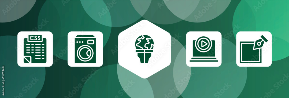 Poster web development filled icon set isolated on abstract background. glyph icons such as style sheet, el