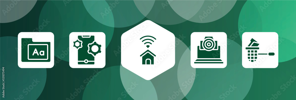 Poster cyber crimes filled icon set isolated on abstract background. glyph icons such as fonts, feature, sm
