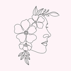 Hand-drawn linear women head with flowers drawing. Modern abstract line minimalistic women faces arts