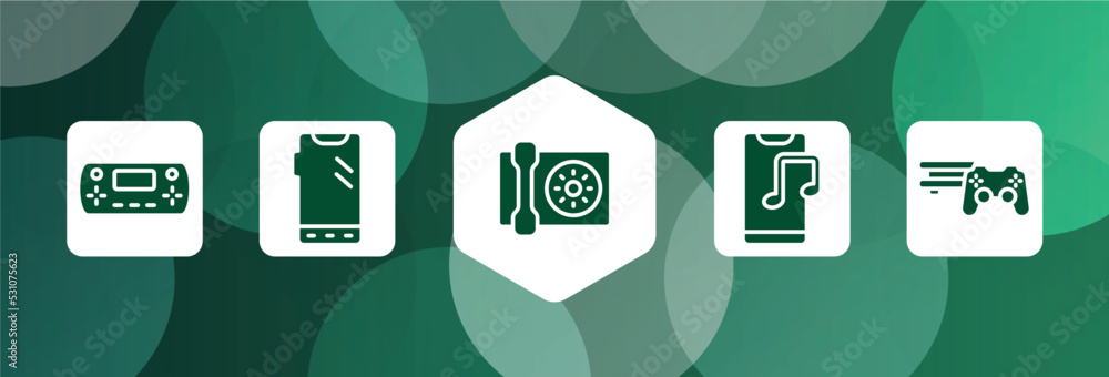 Poster smart devices filled icon set isolated on abstract background. glyph icons such as handheld game con