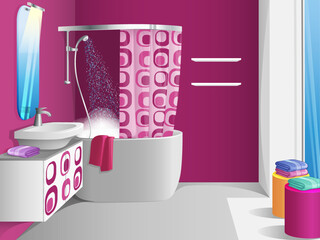 Pink bathroom illustration background with shower tub and sink
