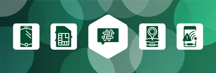 phoneset filled icon set isolated on abstract background. glyph icons such as cellphone with one button, phone chip, hash, phone interface, wifi connection warning vector. can be used for web and