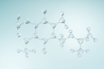 Q10 molecules on blue science background for cosmetic product. 3D rendering.
