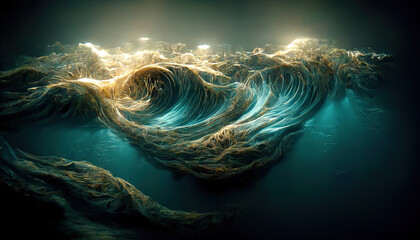 Spectacular abstract of silk is shaped like underwater wave, and light from above shines through the edges to make them glow. Digital art 3D illustration. - obrazy, fototapety, plakaty