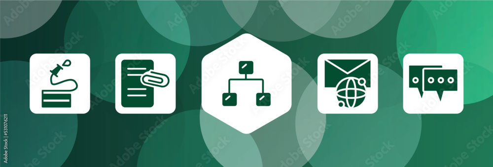 Poster communication filled icon set isolated on abstract background. glyph icons such as hose, attached fi
