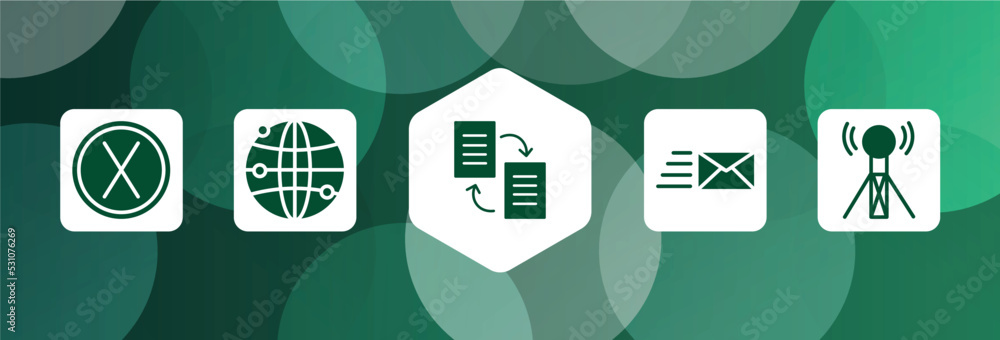 Poster communication and media filled icon set isolated on abstract background. glyph icons such as removed