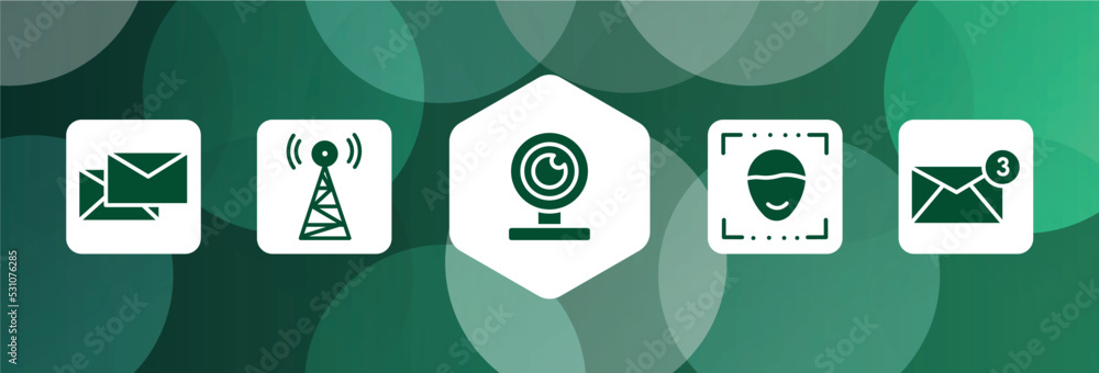 Poster mail filled icon set isolated on abstract background. glyph icons such as letters, wifi, webcam, fac
