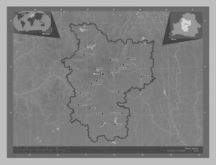 Minsk, Belarus. Grayscale. Labelled points of cities