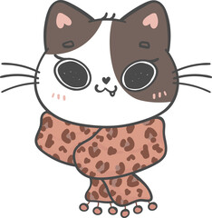 cute funny Christmas kitten cat wear winter knitted scarf cartoon doodle animal hand drawing