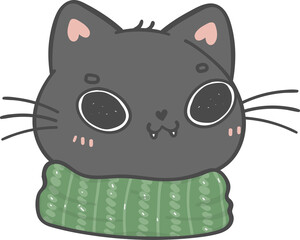 cute funny Christmas kitten cat wear winter knitted scarf cartoon doodle animal hand drawing