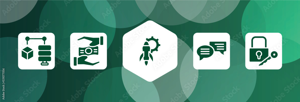 Poster office suppliers filled icon set isolated on abstract background. glyph icons such as data mining, c