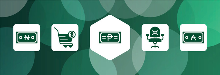 currency filled icon set isolated on abstract background. glyph icons such as naira, bitcoin basket, philippine peso, desk chair, austral vector. can be used for web and mobile.