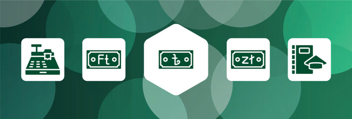 business filled icon set isolated on abstract background. glyph icons such as cash register, forint, taka, zloty, scholar vector. can be used for web and mobile.