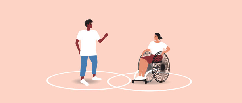 Circle Line As Healthy Personal Boundaries In Inclusive Couple, Flat Vector Stock Illustration Isolated, Wheelchair Accessible