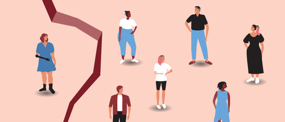 Group of people and disabled person with prosthesis on other hand, gap between, flat vector stock illustration as concept of problem of social isolation