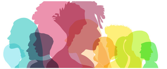 Group side silhouette men and women of different culture