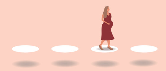 overcoming pits across bridge by pregnant woman, flat vector stock illustration, concept of social guarantees for single mothers on maternity leave