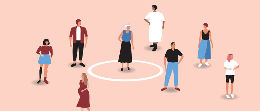 Old Woman Introvert And Crowd Of People As Personal Boundaries, Flat Vector Stock Illustration As Concept Of Circle As Personal Space For Mental Health