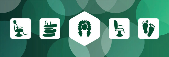 sauna filled icon set isolated on abstract background. glyph icons such as barber chair, hot stone, curled black long female hair shape, chair side view, barefoot vector. can be used for web and