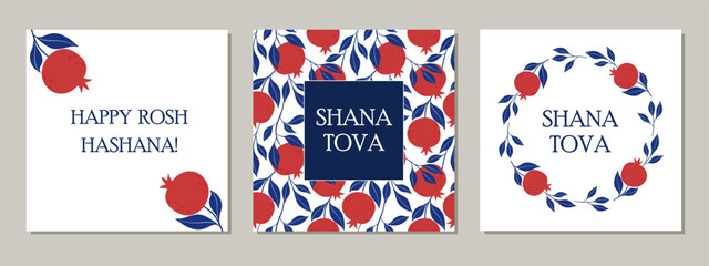 Jewish New Year card design set. Rosh Hashanah symbol pomegranate. Happy New Year. Vector illustration