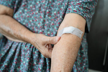 Asian senior or elderly old lady woman patient show cotton wool stop bleeding, after blood drawing testing for annually physical health check up to check cholesterol, blood pressure, and sugar level.