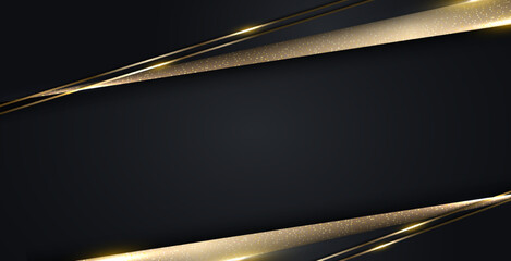 3D modern luxury banner web template design black and gold stripes with golden glitter line light sparking on dark background - 531078414