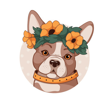 French bulldog with flowers. Vector illustration of a cute puppy. Funny character in orange colors on a gentle background. Dogs, pets, animal lovers theme design elements.