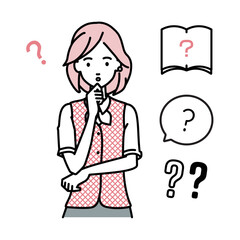立って手をあごにあてて疑問を感じている事務員制服の女性 クエスチョンマークのセット