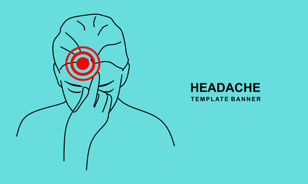Headache banner. Minimal Medical illustration of young asian woman with red spot on her head suffers from headache. Design template for banner. Vector illustration