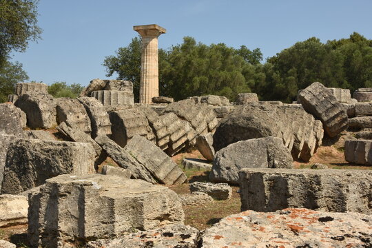 Dismantled columns at Temple of Zeus at Olympia, UNESCO World Heritage Site, western Peleponnese of Greece
