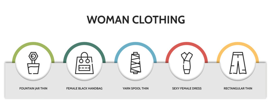 set of 5 thin line woman clothing icons with infographic template. outline icons including fountain jar thin line, female black handbag thin line, yarn spool sexy female dress rectangular vector.