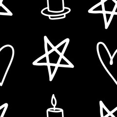 Line doodle black magic seamless pattern with pentagram star isolated on black background