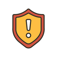 Danger Warning Error Alert Sign in badge style, Security shield exclamation mark for website, logo, app, UI. Guard, attention, warning icon Vector illustration filled outline style. EPS10