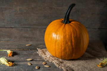 Pumpkin orange on wooden boards for halloween holiday