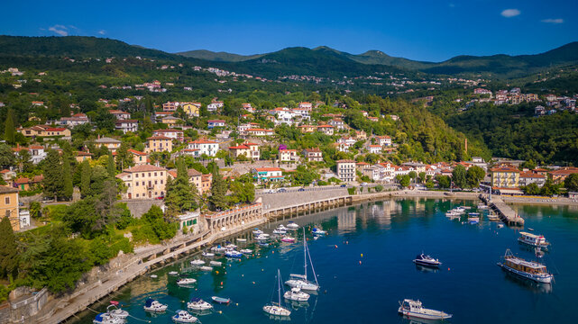 Aerial view of boats in the harbour at Ika, Ika, Kvarner Bay, Eastern Istria, Croatia