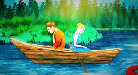 A couple in love has an argument and sits in a boat
