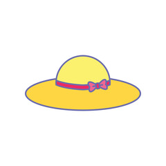 Yellow hat for sun protection headwear with ribbon. Woman summer hat, Girl sun cap for beach and summer vacation accessory icon. Vector illustration filled outline style. EPS10
