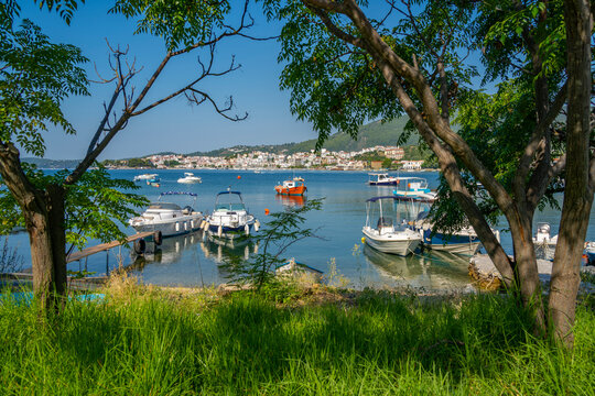 View of boats and Skiathos Town, Skiathos Island, Sporades Islands, Greek Islands, Greece