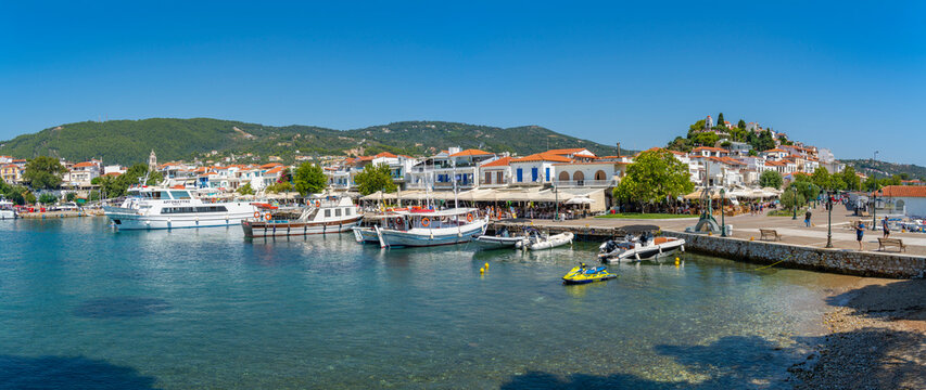 View of Belvedere Skiathos Old Port and Skiathos Town, Skiathos Island, Sporades Islands, Greek Islands, Greece